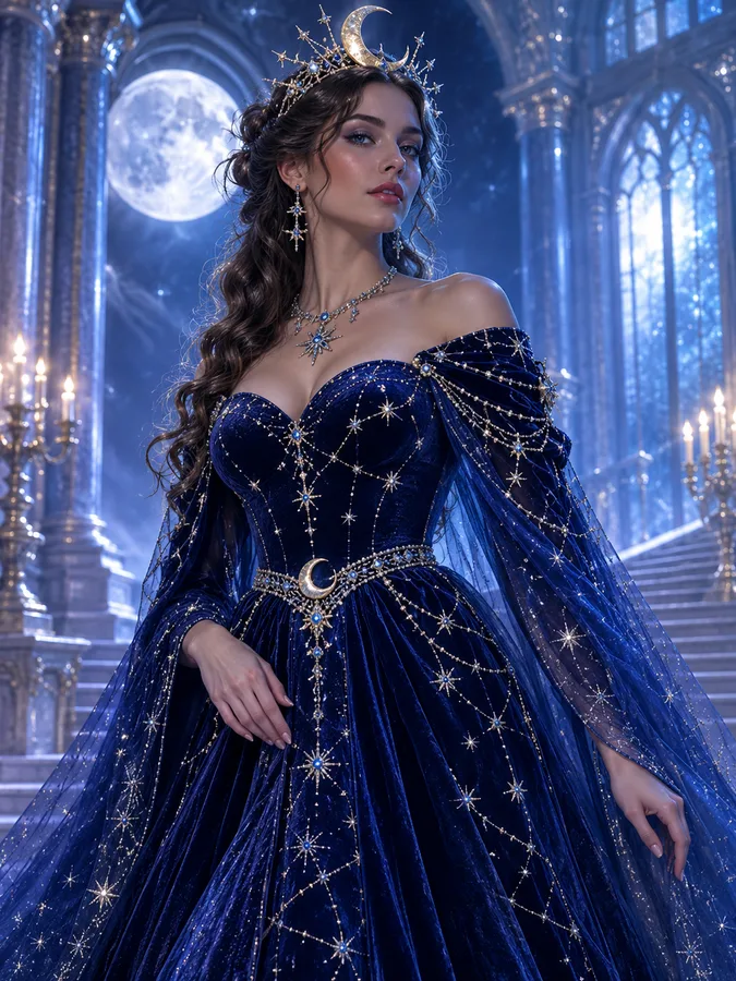 Un adulto fittizio in un costume originale da principessa cosmica blu profondo con ricami di costellazioni