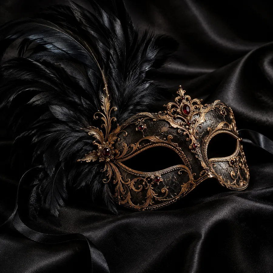 Una maschera da ballo fatta a mano con piume nere e filigrana in ottone su seta nera