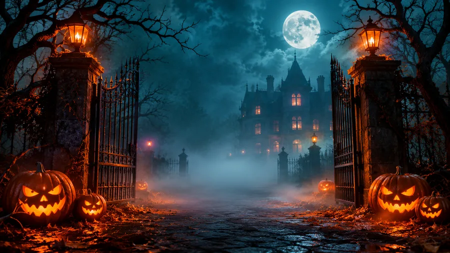 Un cancello di una villa nebbioso con zucche intagliate e luna piena, sfondo per festa di Halloween