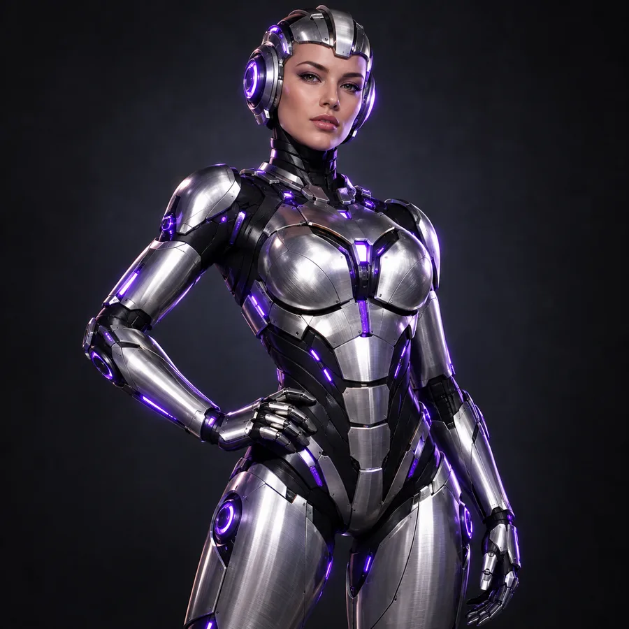 Un adulto fittizio in un costume robot originale cromato e viola, ritratto in studio