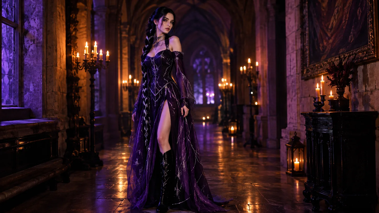 Un concept originale di costume di Halloween generato con GPT Image 2: un adulto fittizio in un costume con trecce color mezzanotte, in un corridoio a lume di candela