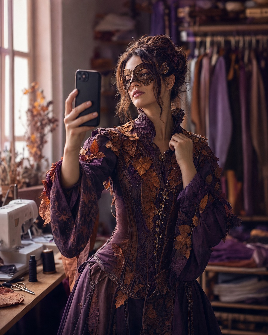Un adulte fictif essayant un costume d'Halloween original dans un studio chaleureux tout en consultant un téléphone