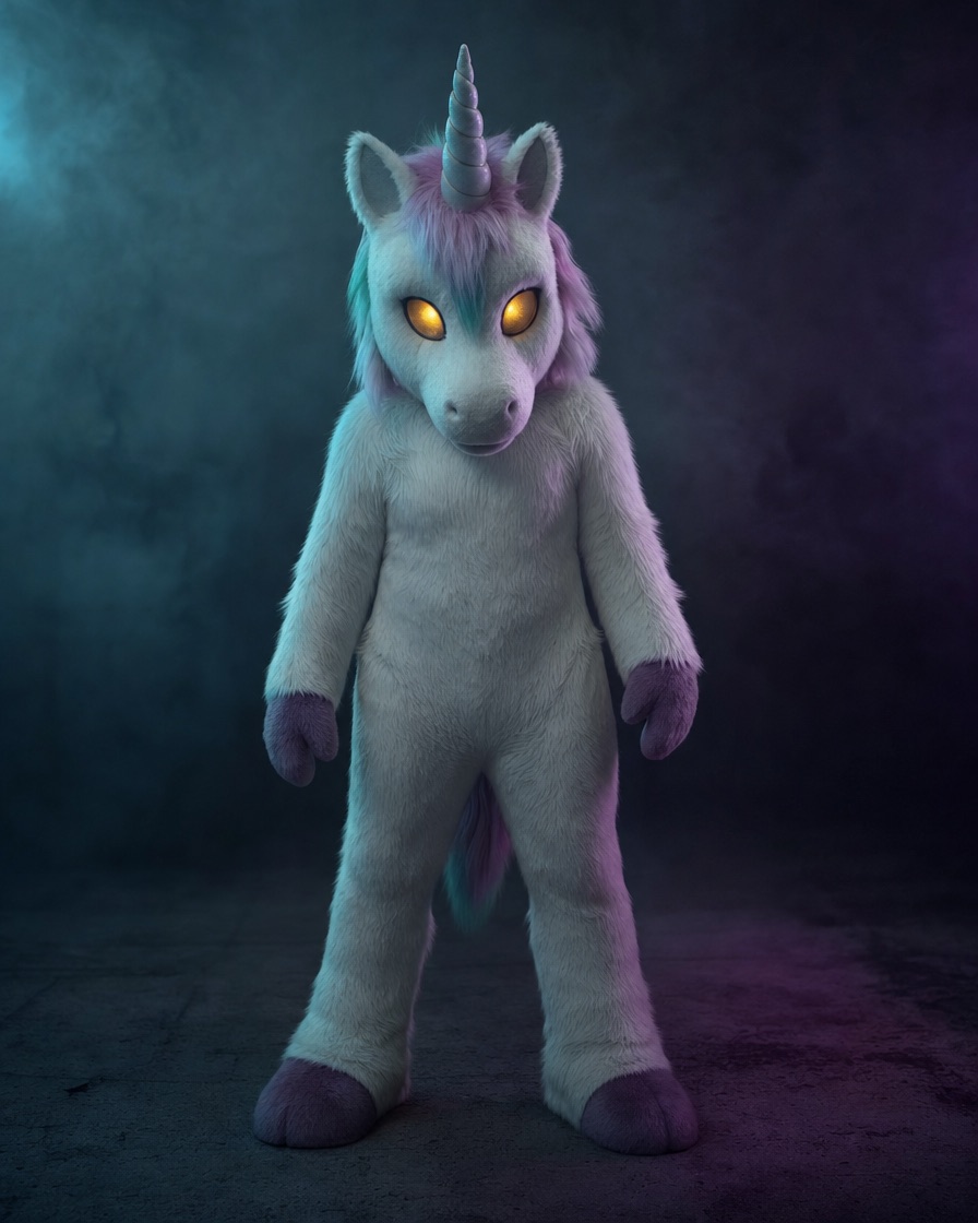 Un costume original de mascotte de licorne hantée avec une fourrure blanche en peluche et des yeux ambrés lumineux dans une pièce brumeuse