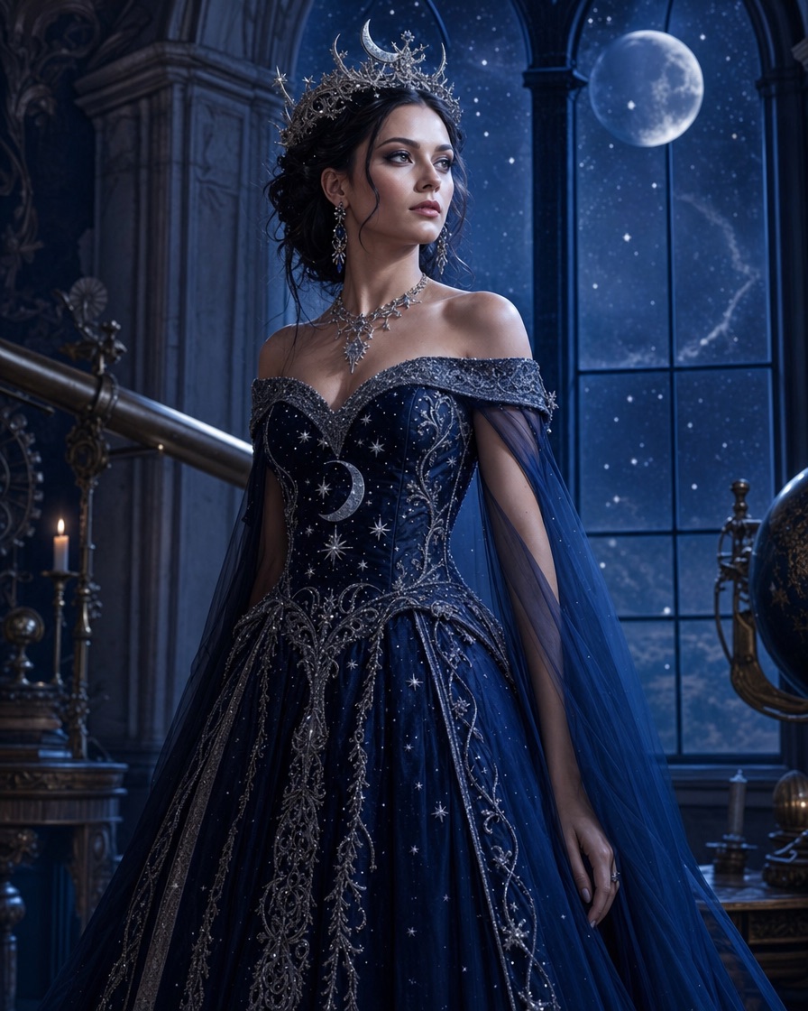 Une adulte fictive dans une robe bleu nuit avec des étoiles argentées scintillantes et une couronne lunaire à l'intérieur d'un observatoire étoilé