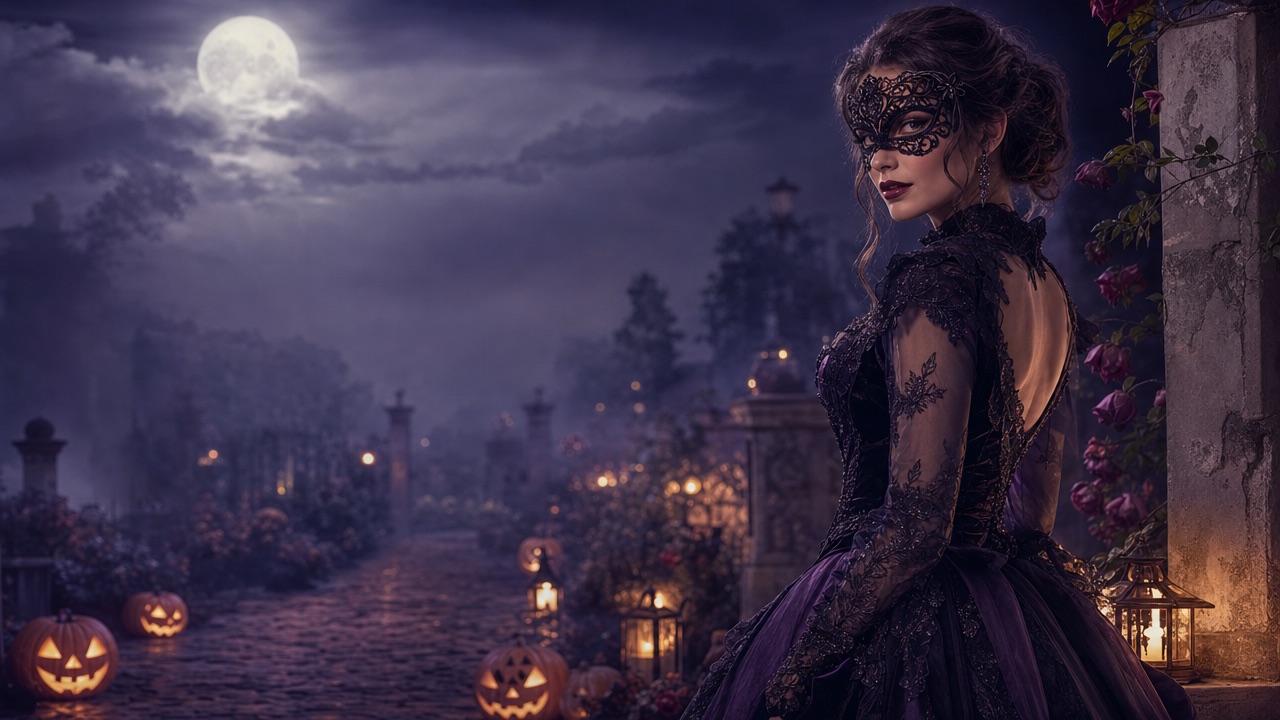Un adulte fictif dans un costume d'Halloween gothique original, debout dans un jardin éclairé par la lune avec des citrouilles et du brouillard