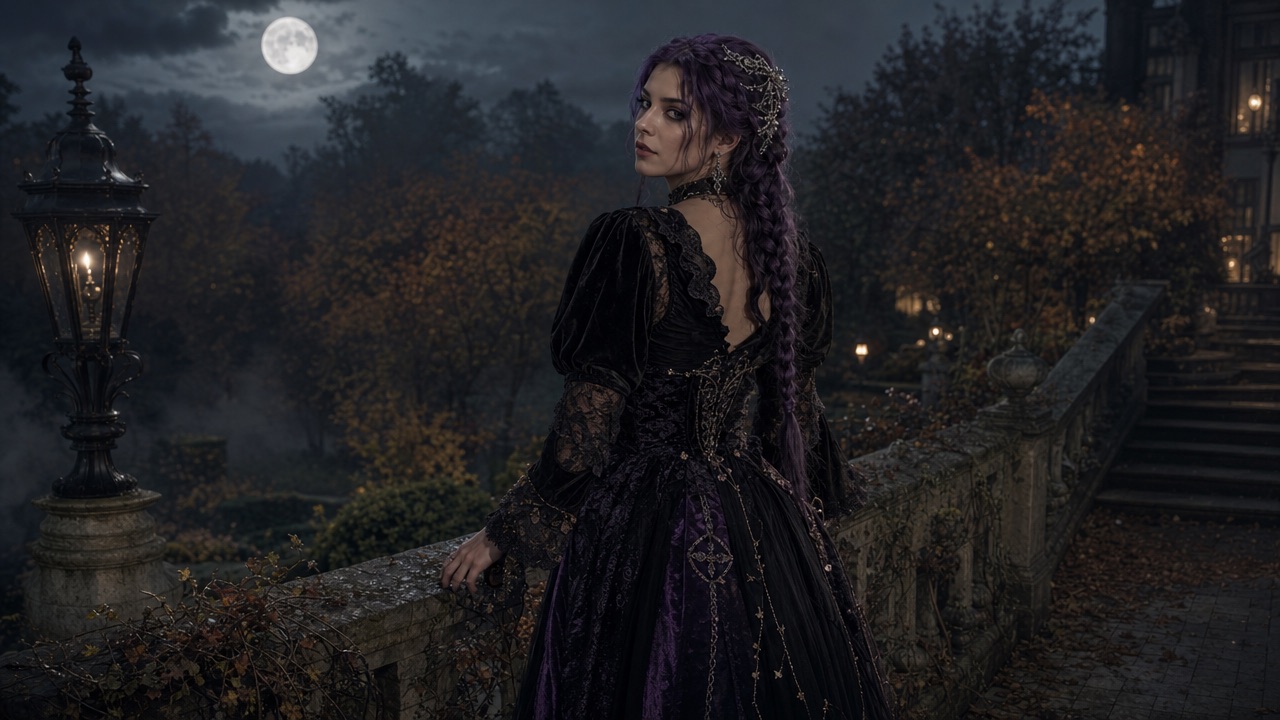 Une adulte fictive avec de longues tresses violettes et un costume gothique en velours noir dans un jardin éclairé par la lune