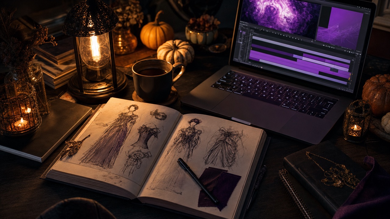 Una scrivania scura con schizzi di costumi, un laptop che mostra una timeline video astratta viola e piccole zucche