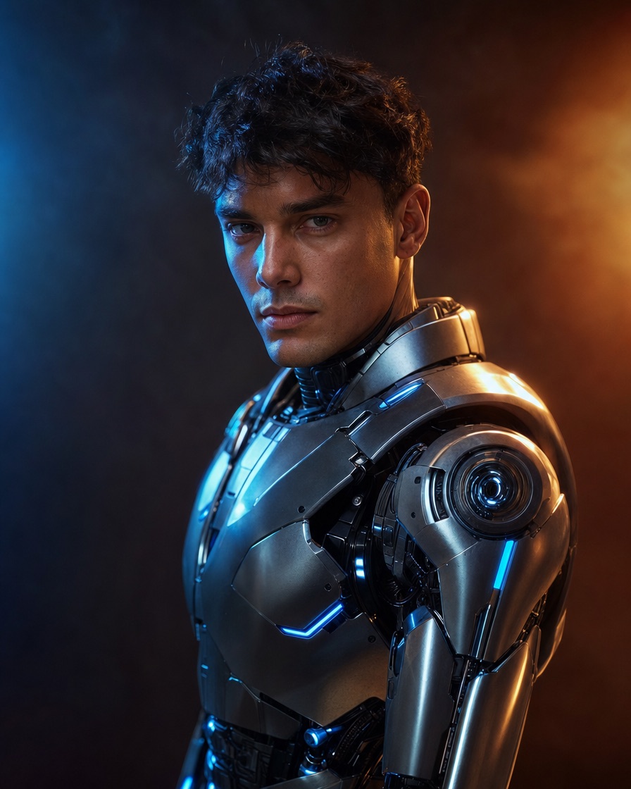 Un adulte fictif dans un costume de robot portable avec des panneaux métalliques et des accents LED bleus dans un studio sombre