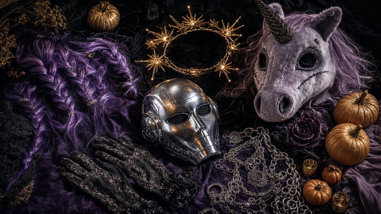 A mood board of 2026 Halloween costume details including violet braids, a star crown, a robot mask and a plush unicorn head